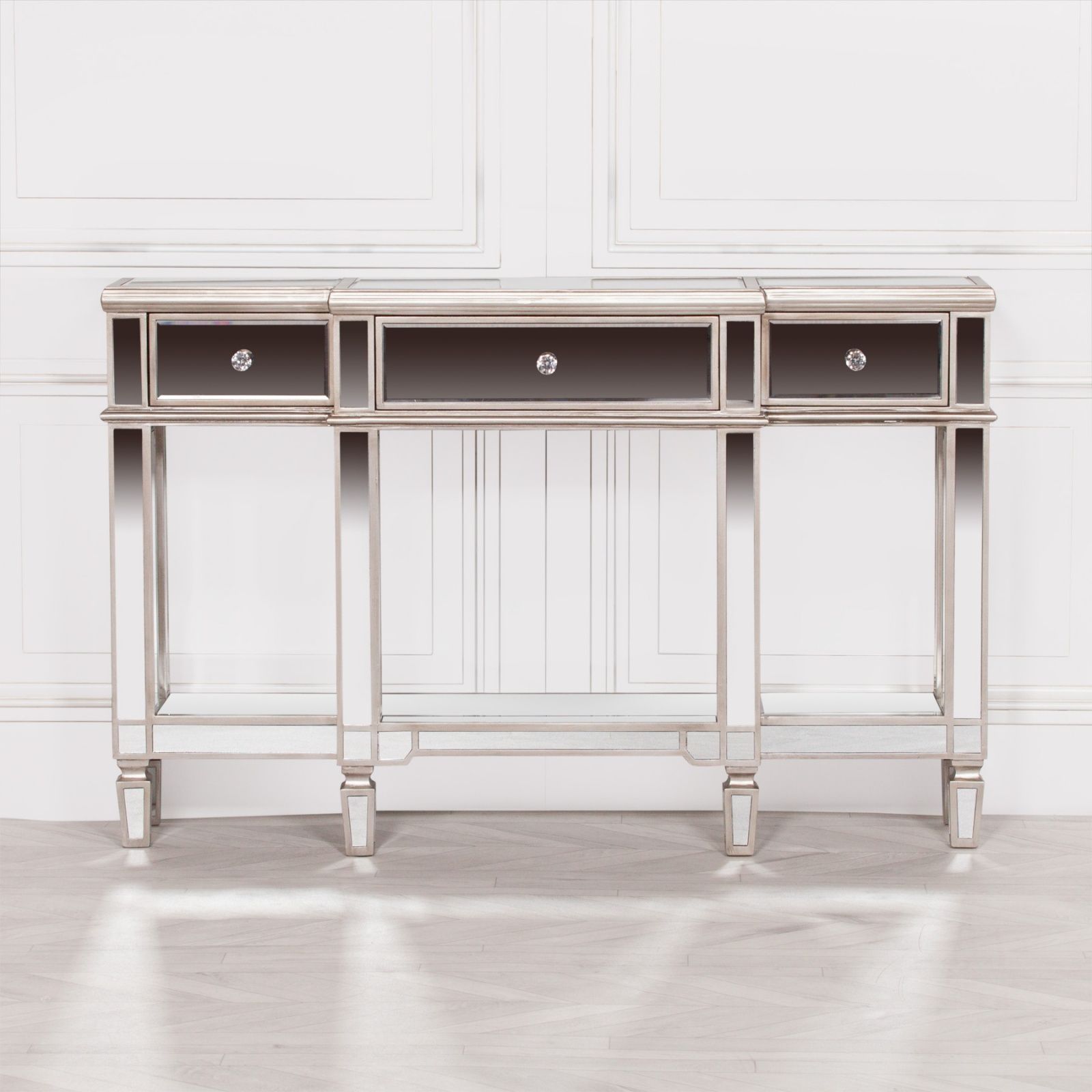Venetian Hall Demilune Mirrored Silver Console Table Inside Silver Console Tables (Photo 11 of 20)