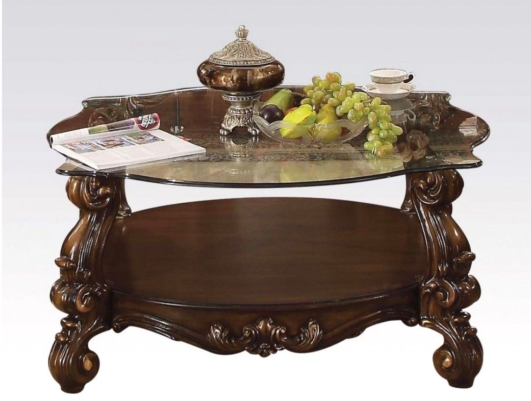 Versailles Traditional Cherry Oak Round Glass Top Coffee Table Intended For Espresso Wood And Glass Top Console Tables (Photo 9 of 20)
