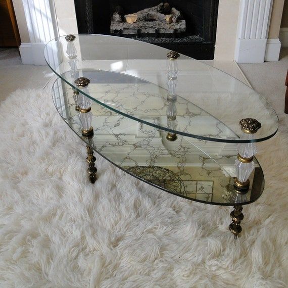 Vintage Coffee Table Gold Veined Reflective Two Tiered Glass Pertaining To Glass And Gold Oval Console Tables (View 15 of 20)
