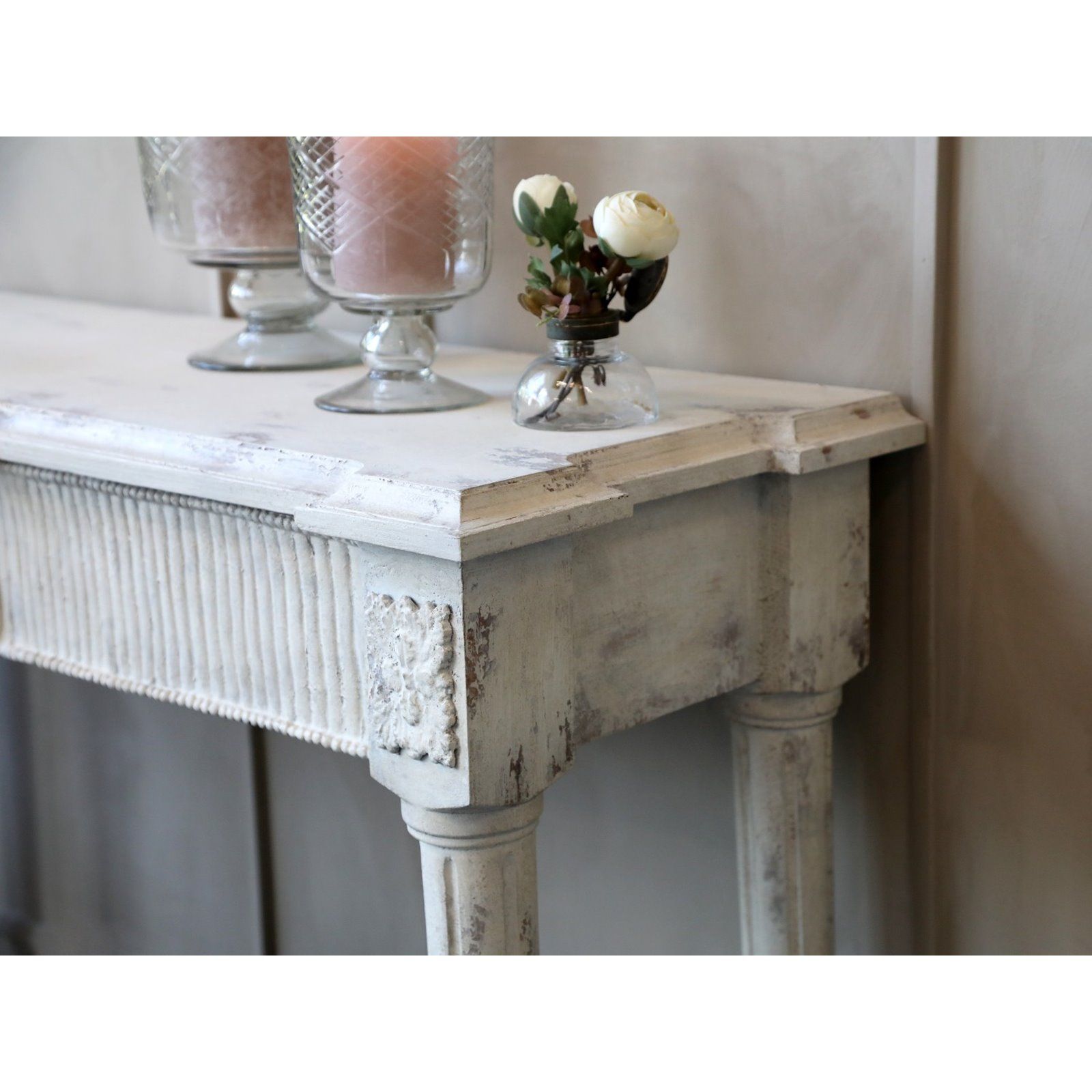 Vintage White Washed Console Table With White Triangular Console Tables (Photo 13 of 20)