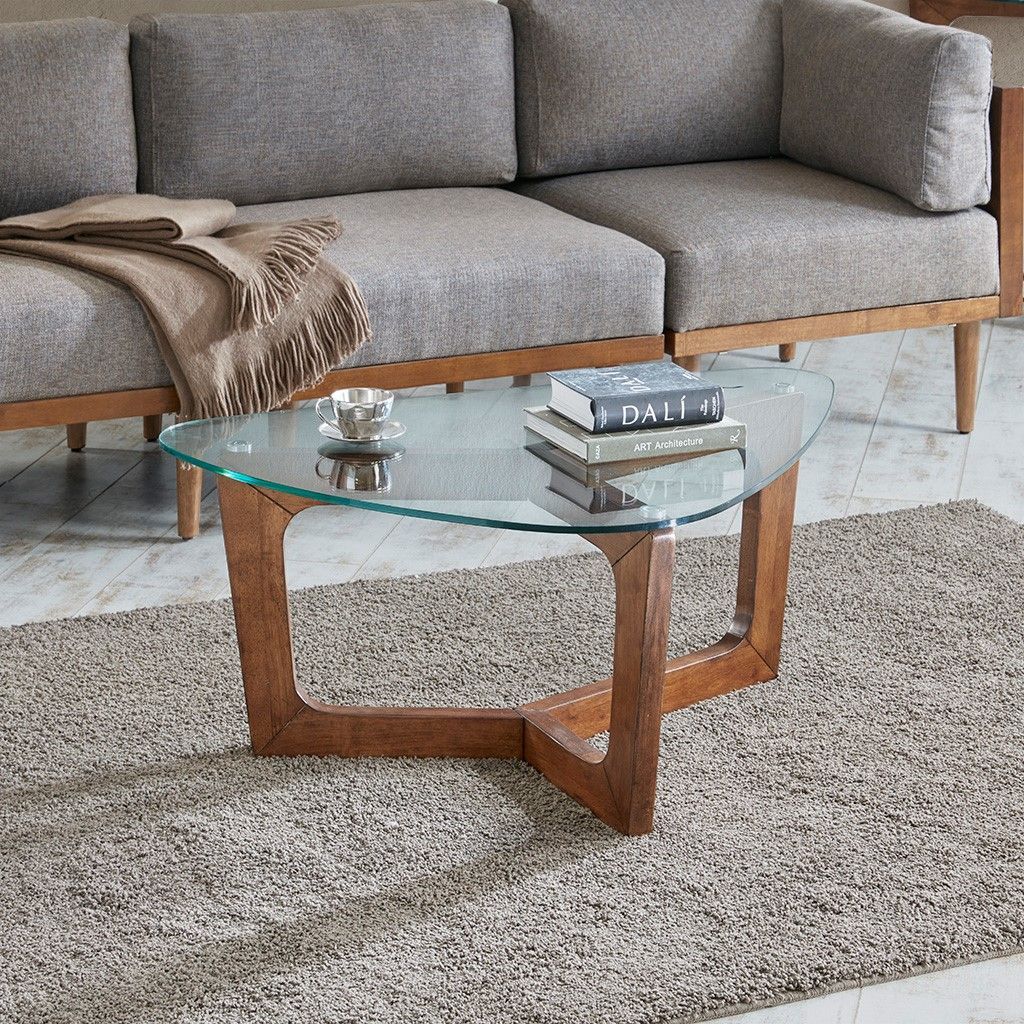 Walker Coffee Table Solid Wood, Glass, Pecan, Mid Century Pertaining To Pecan Brown Triangular Console Tables (Photo 10 of 20)