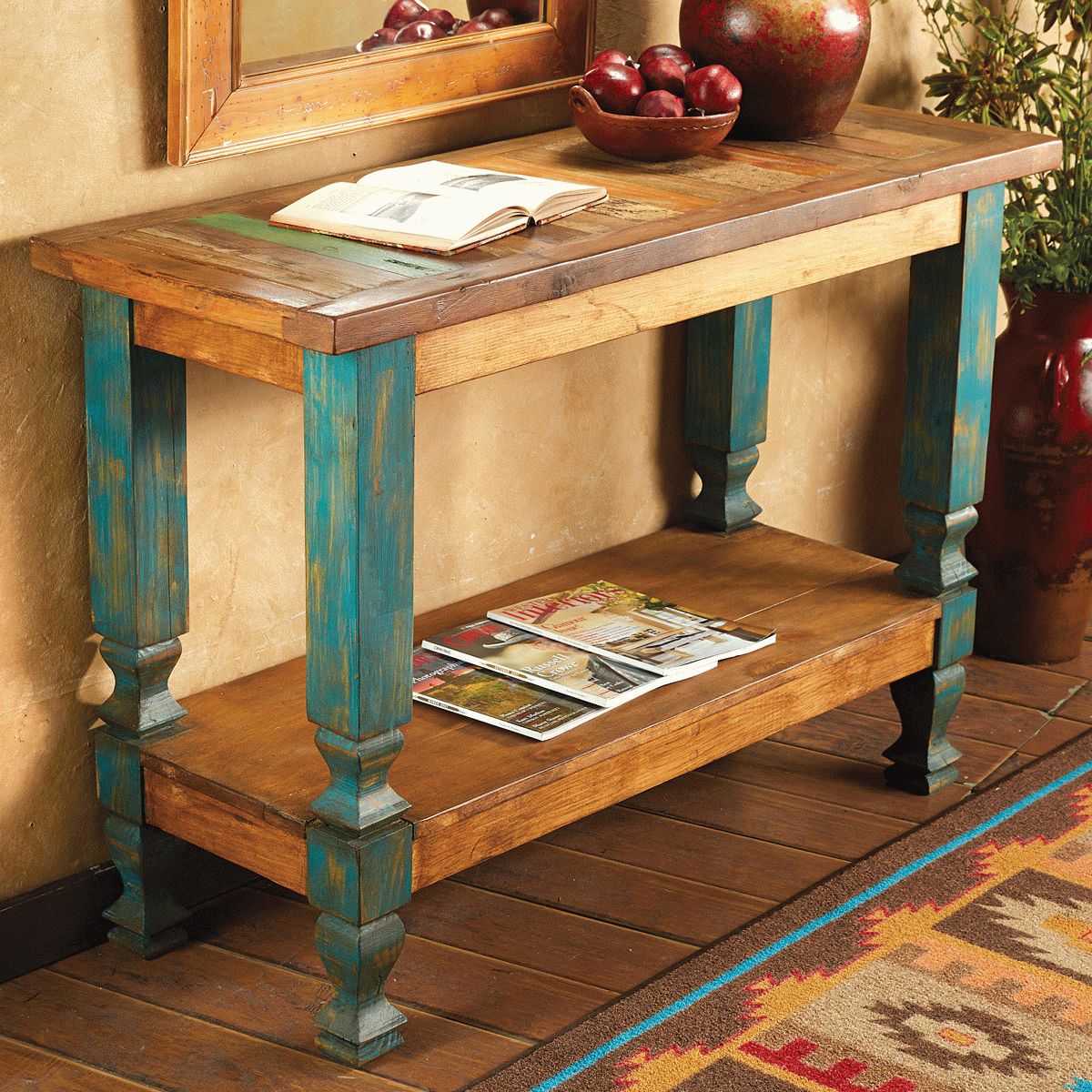 Western Furniture: Old Wood Turquoise Console Table|lone Within Antique Blue Wood And Gold Console Tables (View 4 of 20)