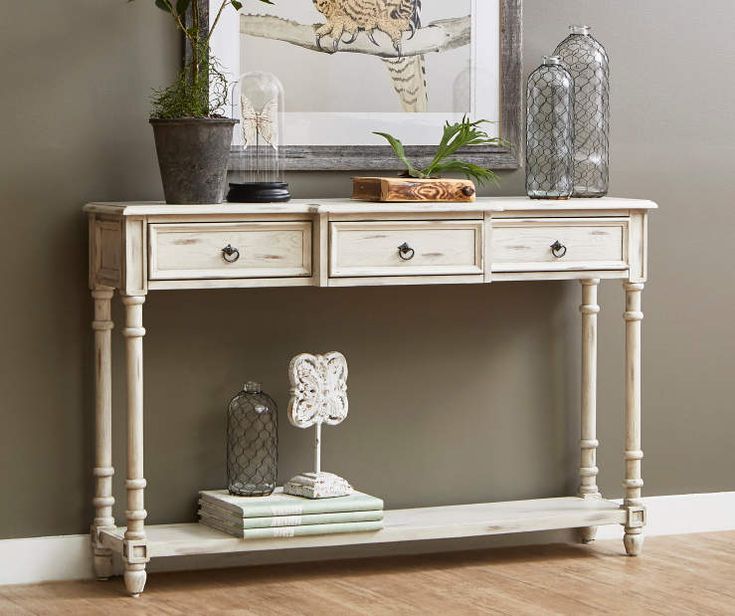 White Farmhouse 3 Drawer Console Table – Big Lots Regarding Antique Silver Aluminum Console Tables (View 5 of 20)