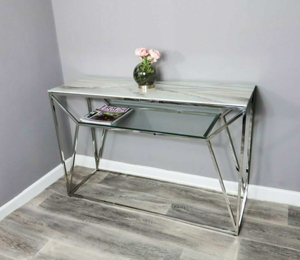 White Marble Glass Console Side Hall Table With Silver Pertaining To White Marble And Gold Console Tables (View 8 of 20)