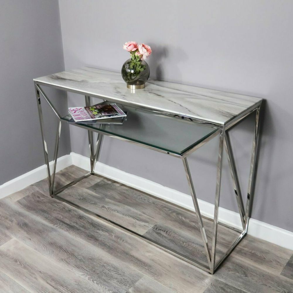 White Marble Glass Console Side Hall Table With Silver Throughout Stainless Steel Console Tables (Photo 18 of 20)