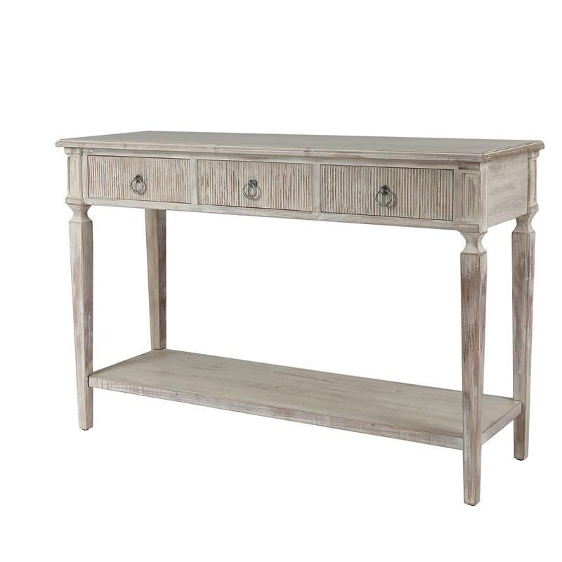 White Washed Wood Three Drawer Console Table – Whif1090 In White Geometric Console Tables (Photo 15 of 20)