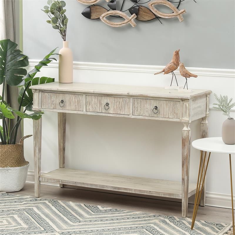 White Washed Wood Three Drawer Console Table – Whif1090 Within Geometric White Console Tables (View 6 of 20)