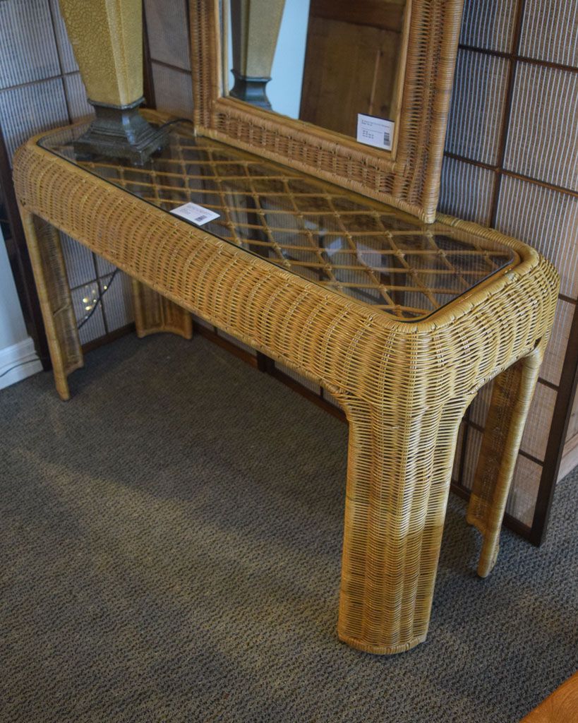 Wicker Glass Sofa Table As Is | New England Home Furniture For Wicker Console Tables (View 15 of 20)