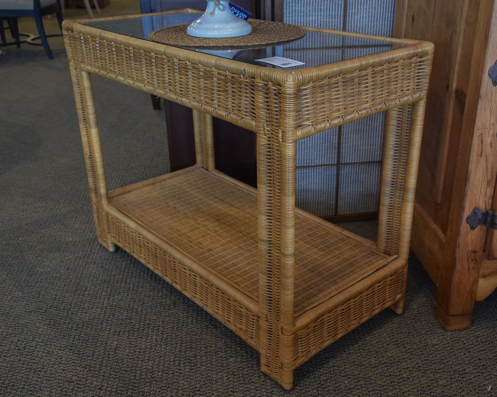 Wicker Glass Sofa Table | New England Home Furniture Inside Wicker Console Tables (View 19 of 20)