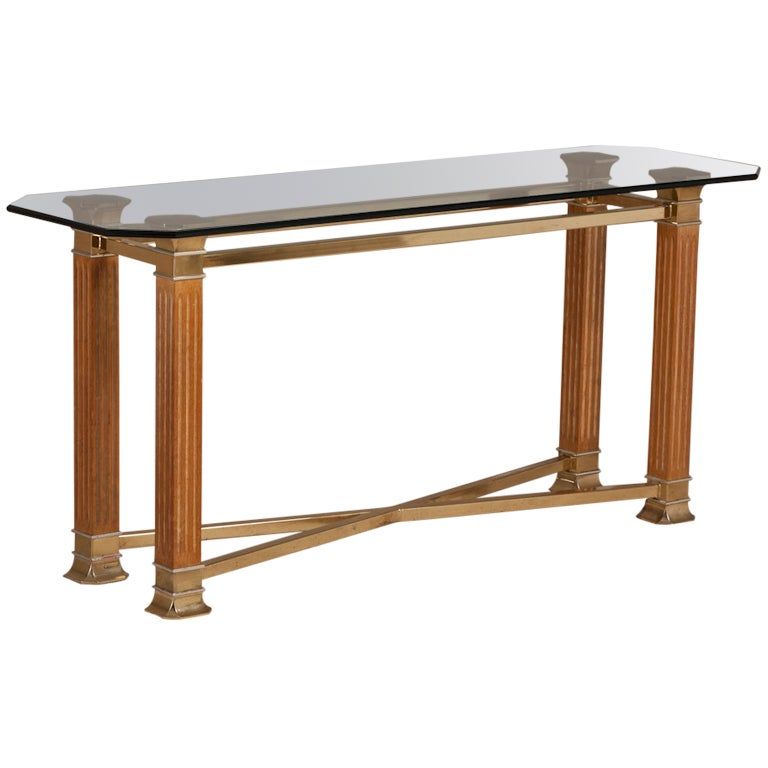 Wood And Brass Console Table With A Glass Top For Sale At With Regard To Brass Smoked Glass Console Tables (View 3 of 20)