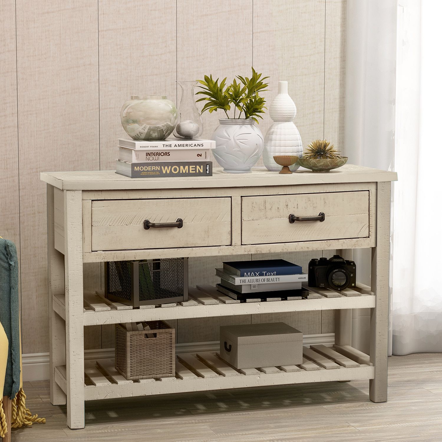 Wood Sideboard Console Table With Drawers, Buffet Pertaining To Open Storage Console Tables (View 7 of 20)