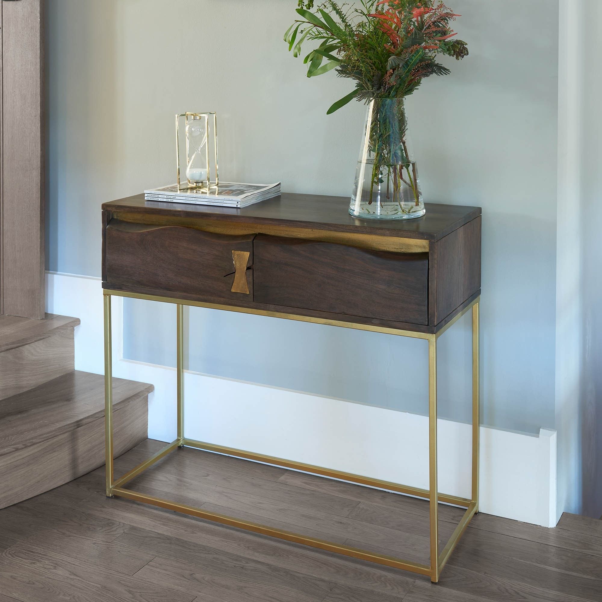 Wooden Console Table With Gold Finish | Dining | Console Intended For Brown Console Tables (View 2 of 20)