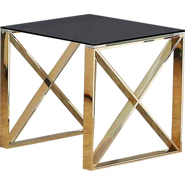 X End Table In Gold With Black Tinted Glass In Geometric Glass Top Gold Console Tables (View 8 of 20)