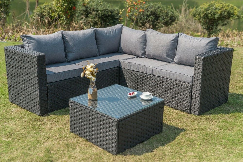 Yakoe Outdoor Rattan Garden Furniture 5 Seater Corner Sofa Pertaining To Black And Tan Rattan Console Tables (View 4 of 20)