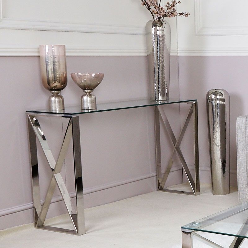 Zenn Contemporary Stainless Steel Clear Glass Console Hall Throughout Silver Stainless Steel Console Tables (Photo 8 of 20)