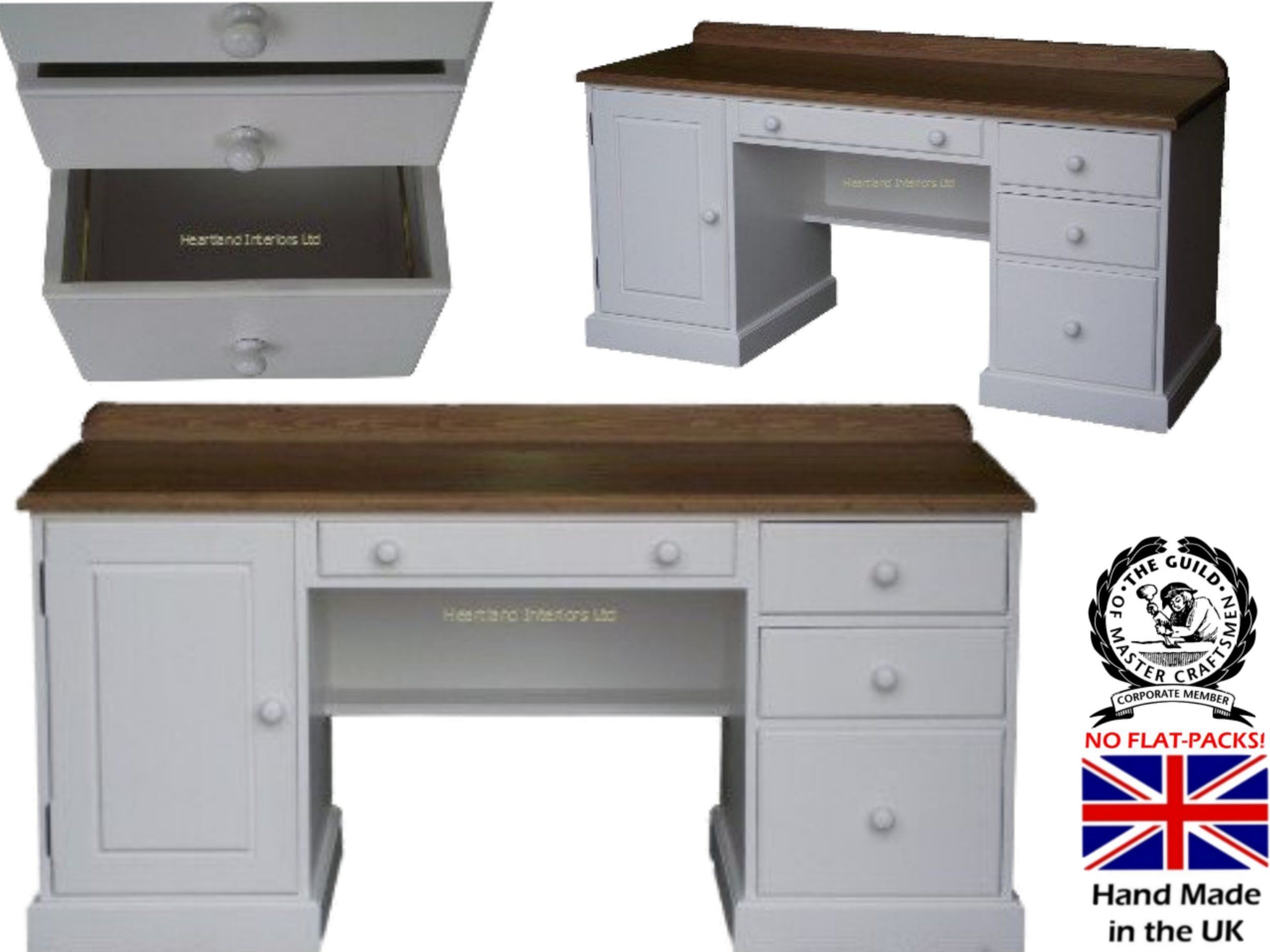 100% Solid Wood Writing Desk, White Painted & Waxed Double Pedestal With Dark Sapphire Wood Writing Desks (View 12 of 15)