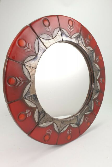 15.94" Vintage Ceramic Round Wall Mirror Flower Decor Red & Orange | Ebay Pertaining To Bruckdale Decorative Flower Accent Mirrors (Photo 11 of 15)