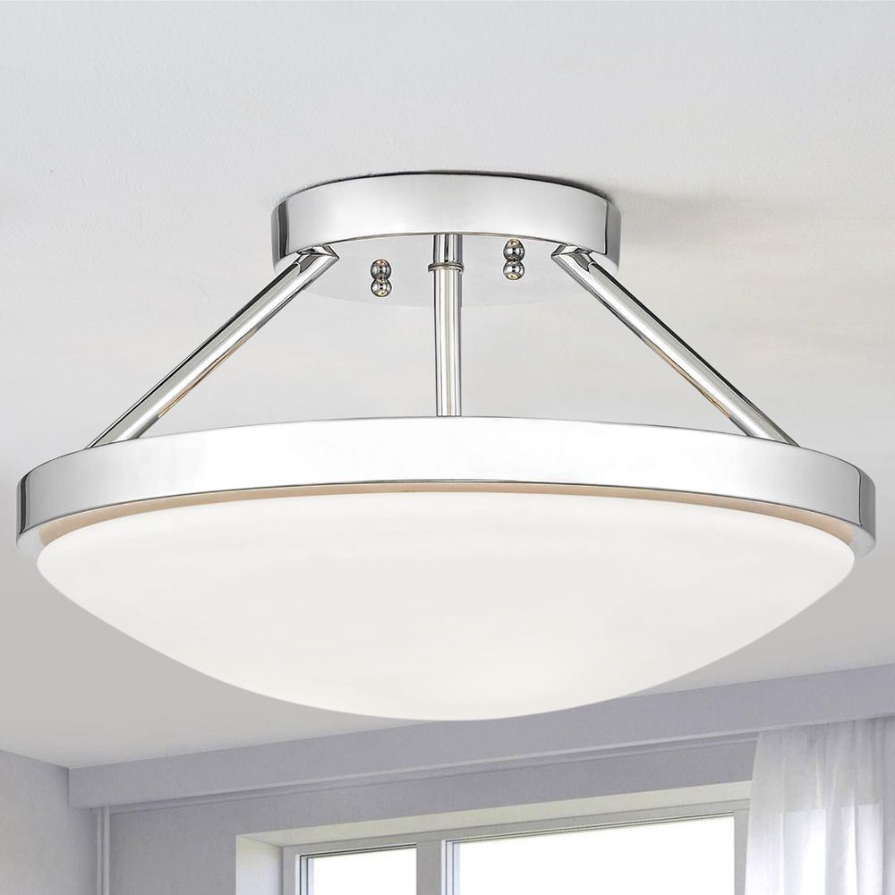 15 Inch Chrome Semi Flushmount Ceiling Light With Satin White Glass Regarding Ceiling Hung Satin Chrome Wall Mirrors (View 6 of 15)