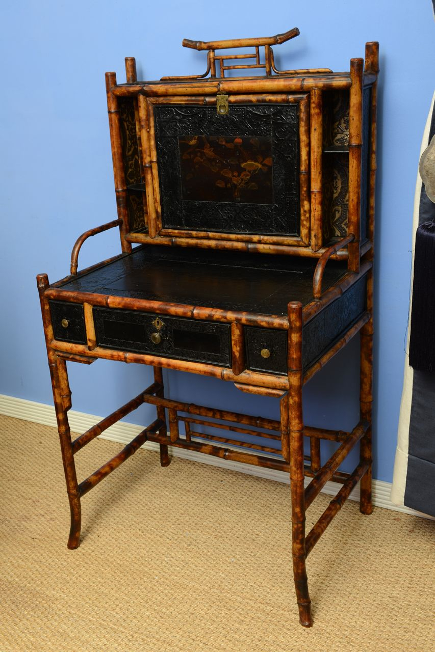 19th C.english Bamboo Desk With Lacquer Drop Front Desk | Painting With Bamboo And Vintage Cream Desks (Photo 6 of 15)