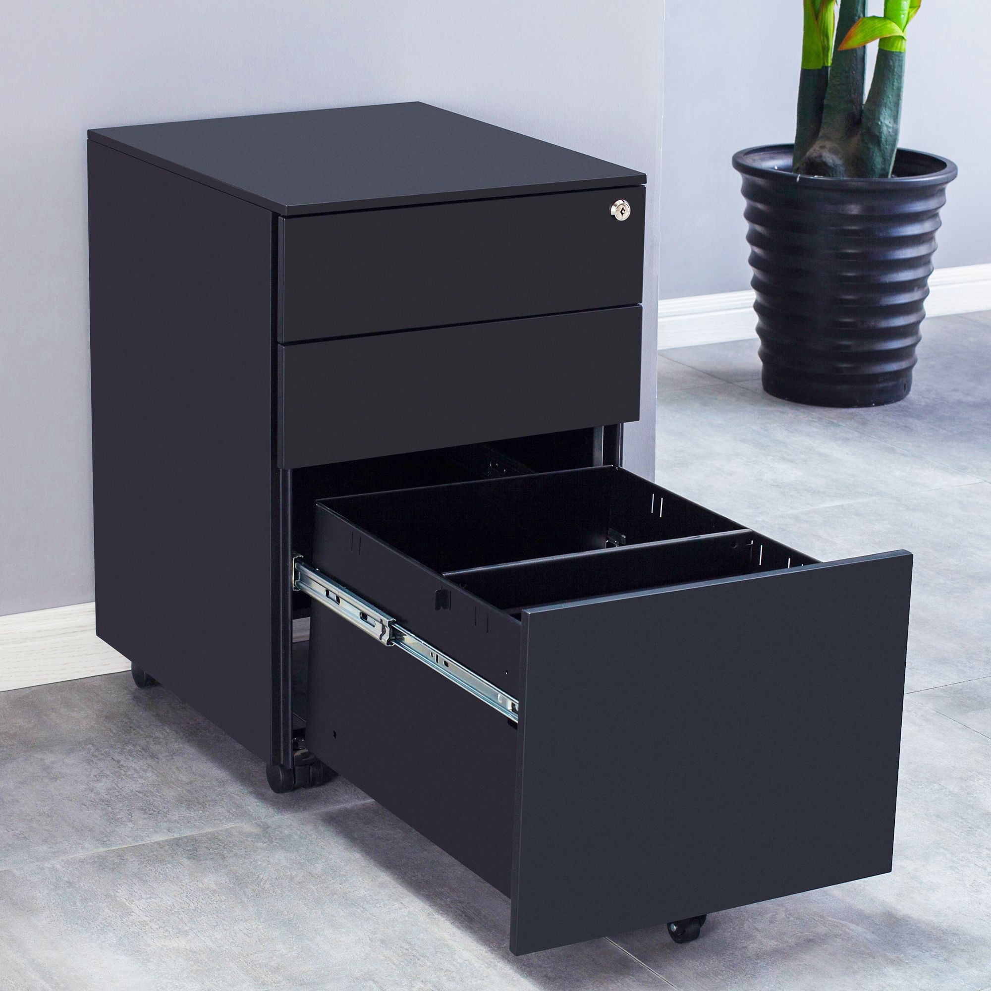 3 Drawer Rolling File Cabinets, Office Lockable Anti Tilt Filing With Regard To Brown And Matte Black 3 Drawer Desks (Photo 9 of 15)