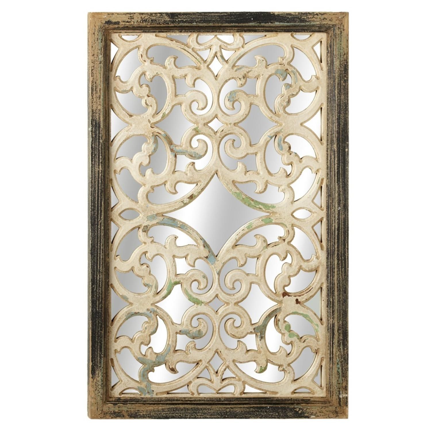 34" Black And White Scroll Inlaid Distressed Wooden Framed Wall Mirror Throughout Black Wood Wall Mirrors (View 5 of 15)