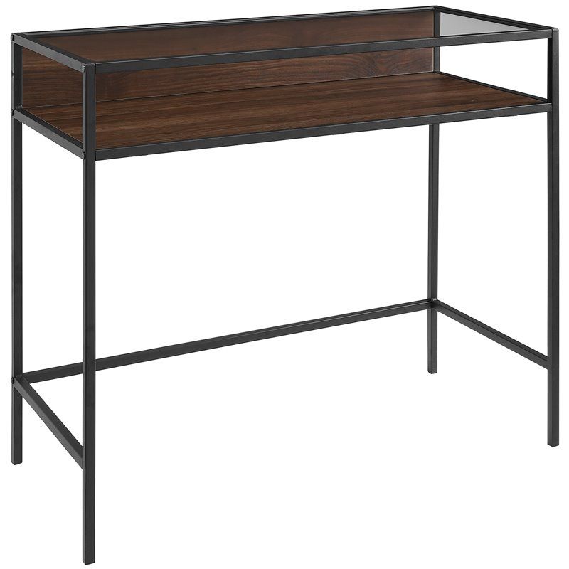35 Inch Metal And Wood Compact Dark Walnut Desk With Glass – Dm35jerdw Throughout Black Glass And Walnut Wood Office Desks (View 9 of 15)