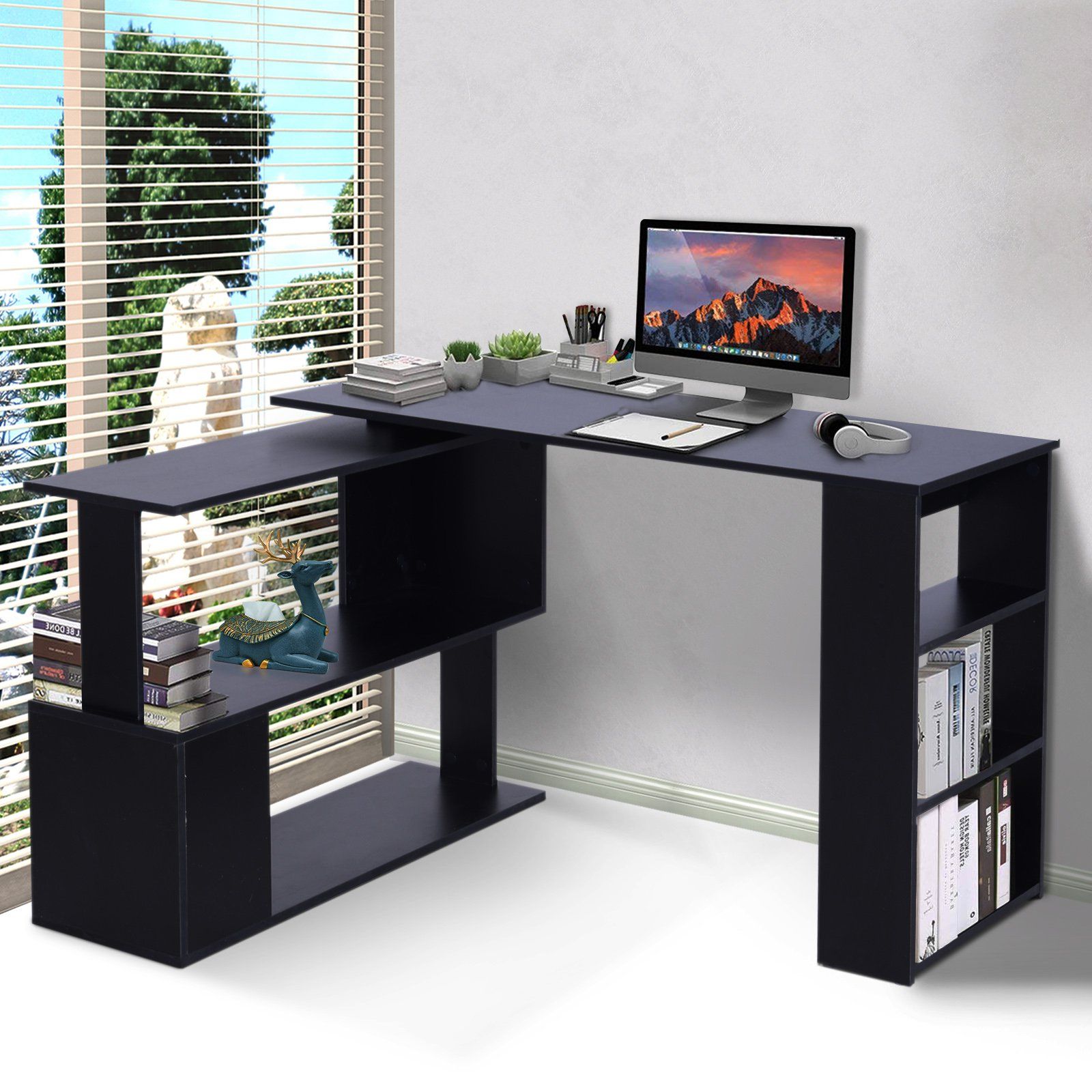 360° Rotating Home Office Corner Desk And Storage Shelf Combo – Black Within Black And Cinnamon Office Desks (View 5 of 15)