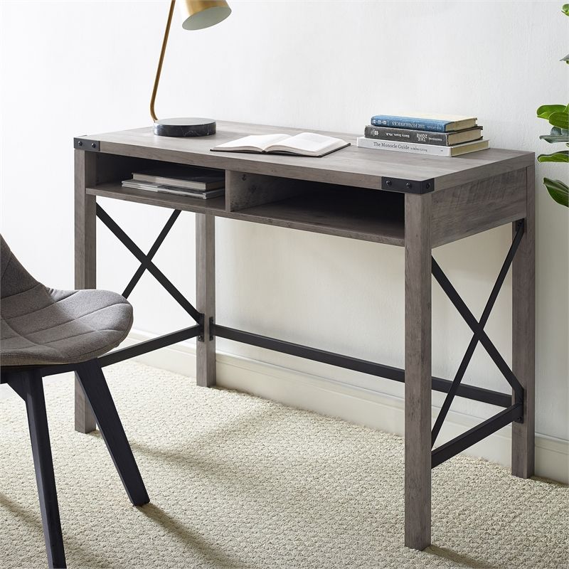 42" Farmhouse Metal & Wood Desk – Grey Wash – D42mxgw For Gray Wash Wood Writing Desks (View 10 of 15)