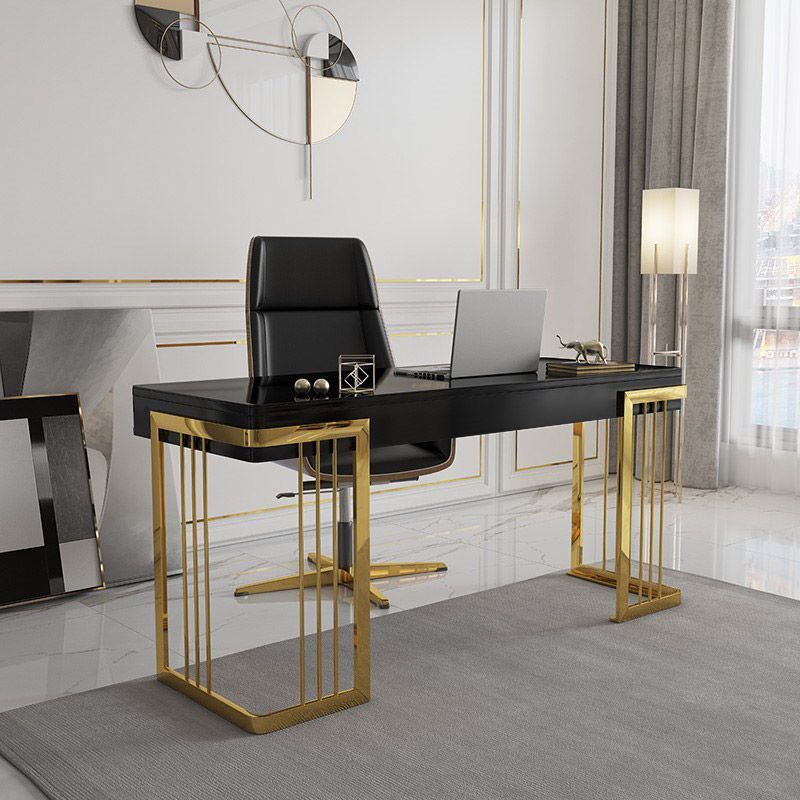 47" Glossy Black Writing Desk With Drawer Modern Office Desk Gold Base Regarding Black And Gold Writing Desks (View 5 of 15)