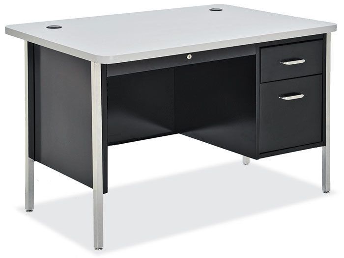 48"w X 30"d X 29 1/2"h Walnut/black Teacher's Desk  Single Pedestal Inside Walnut Wood And Black Metal Office Desks (View 6 of 15)