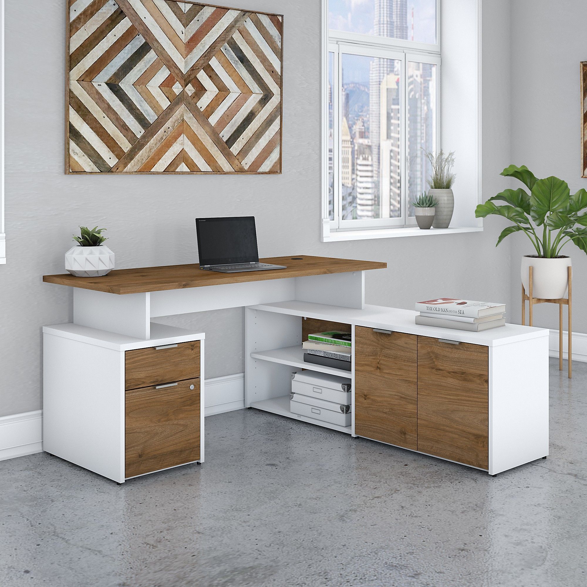 60w L Shaped Desk With Drawers In White And Fresh Walnut Within White Glass And Natural Wood Office Desks (View 15 of 15)