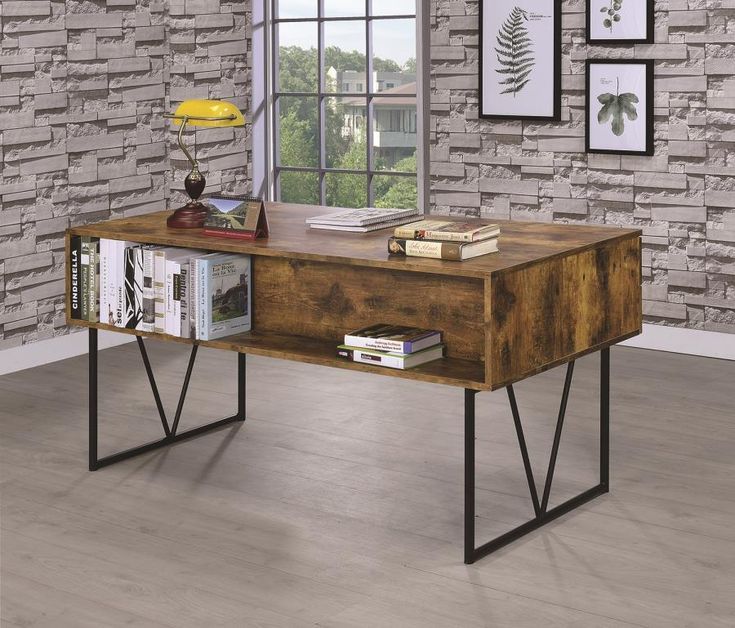 800999 17 Stories Rosina Analiese Antique Nutmeg Finish Wood And Black Intended For Black Metal And Rustic Wood Office Desks (Photo 4 of 15)