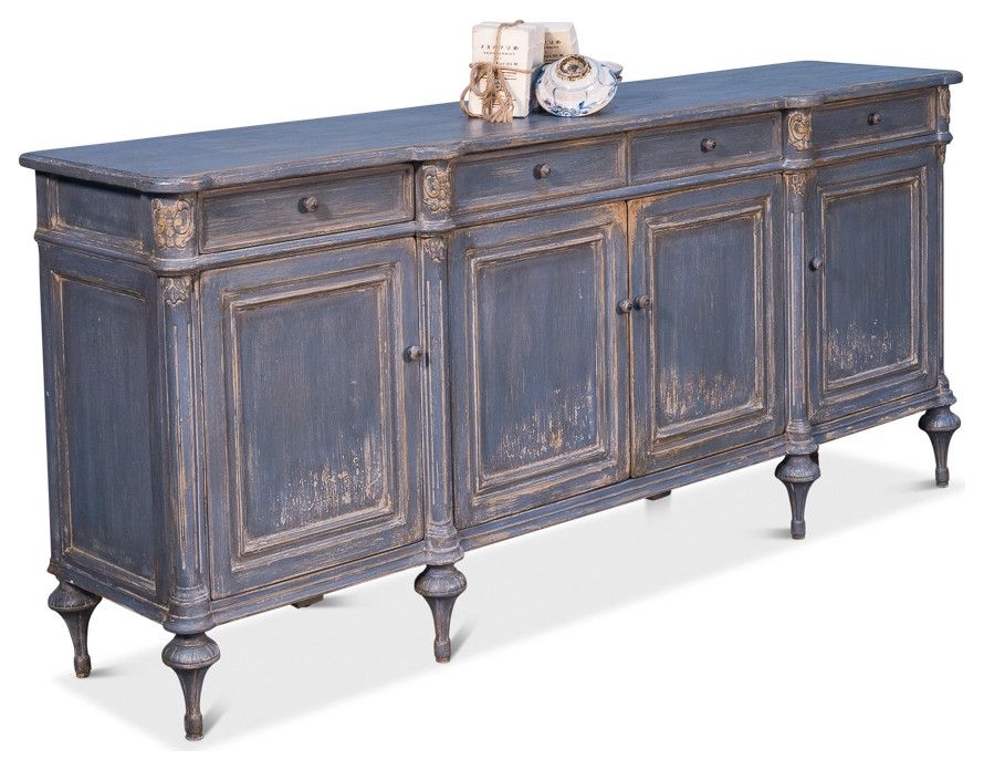 88" W Bruno Sideboard Distressed Blue Solid Pine Rustic Classic Tall With Regard To Distressed Pine Lift Top Desks (View 14 of 15)