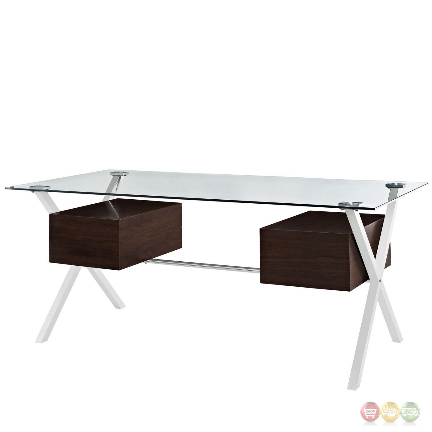 Abeyance Modern Glass Top & Steel Office Desk With Walnut Finished In Glass And Walnut Modern Writing Desks (View 10 of 15)
