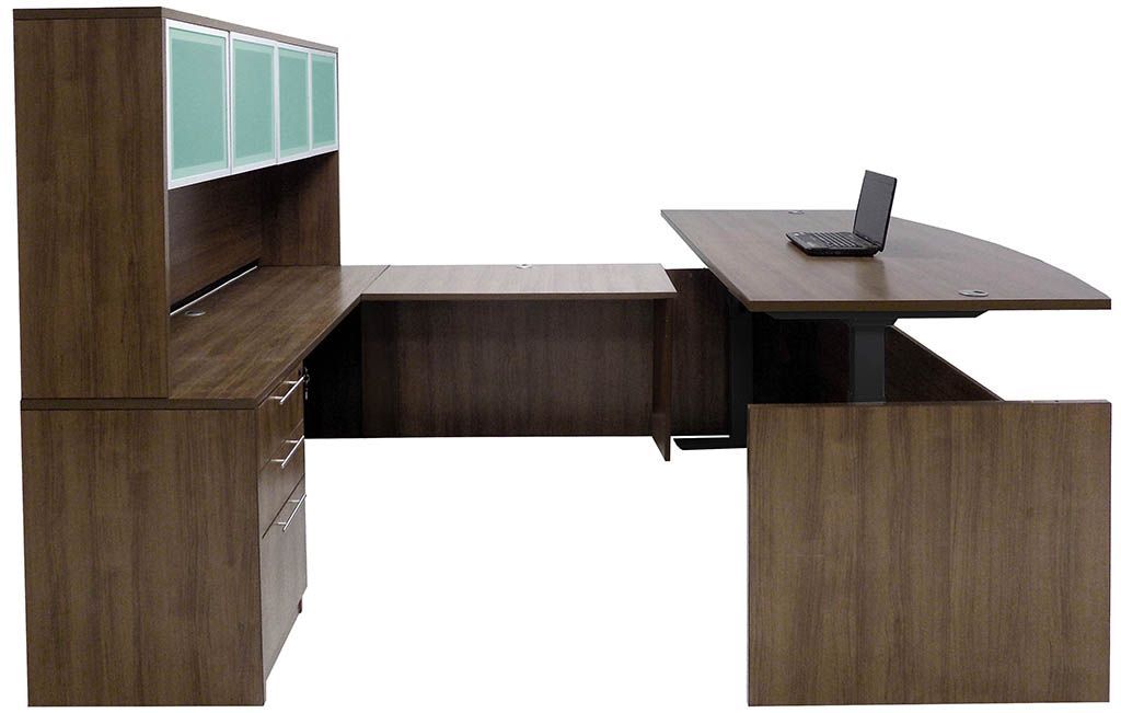 Adjustable Height Bow Front U Shaped Desk W/hutch In Modern Walnut Pertaining To Walnut Adjustable Laptop Desks (View 15 of 15)