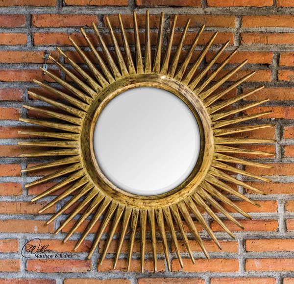 Aged Gold Leaf Starburst Wall Mirror Large 39" Teak Wood Frame | Ebay Within Carstens Sunburst Leaves Wall Mirrors (View 7 of 15)