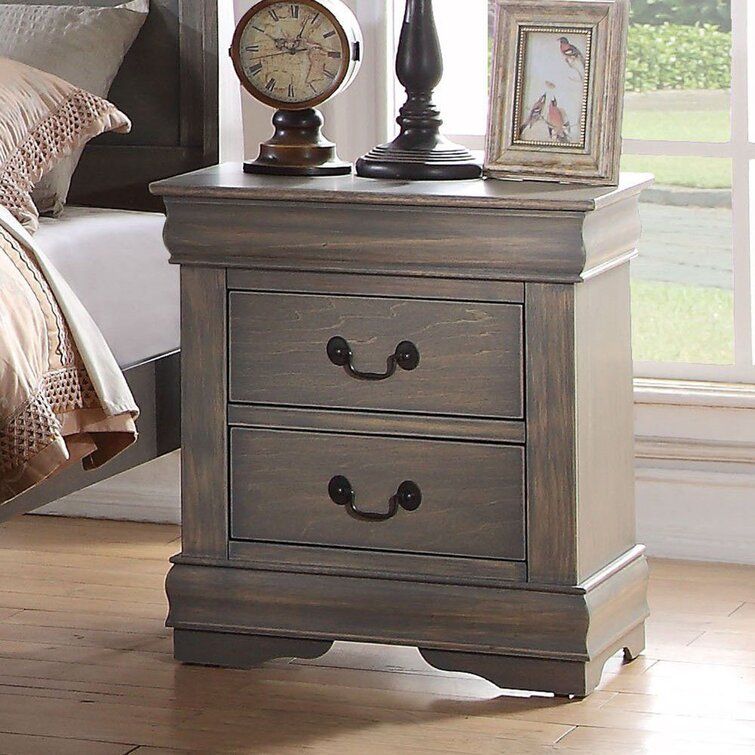 Alcott Hill® Courson 2 – Drawer Solid Wood Nightstand In Antique Gray For Brushed Antique Gray 2 Drawer Wood Desks (View 7 of 15)