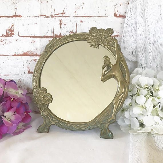 Antique Art Nouveau Relief Mirror Picture Frame Floral Girl Lady Woman Within Antique Brass Standing Mirrors (View 8 of 15)