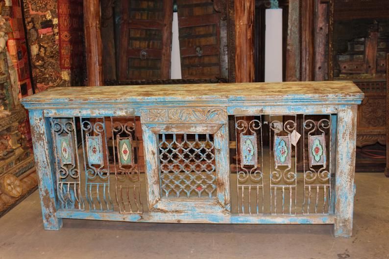 Antique Distressed Tv Console Table Hand Carved Iron Jali Rustic Wood In Distressed Iron 4 Shelf Desks (View 11 of 15)
