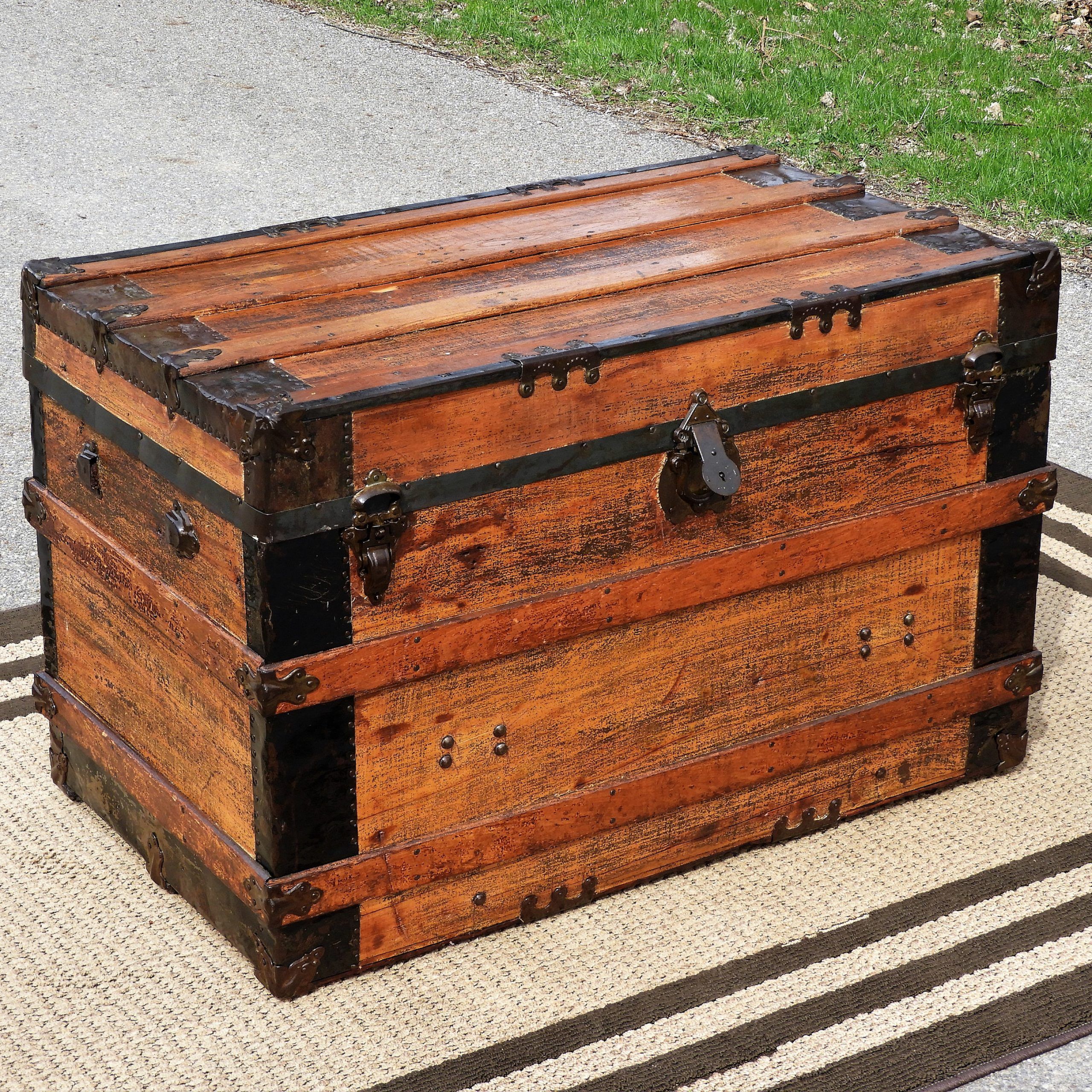Antique Steamer Trunk, Wooden Coffee Table, Industrial Decor, Country Intended For Antique Brown 2 Door Wood Desks (View 13 of 15)