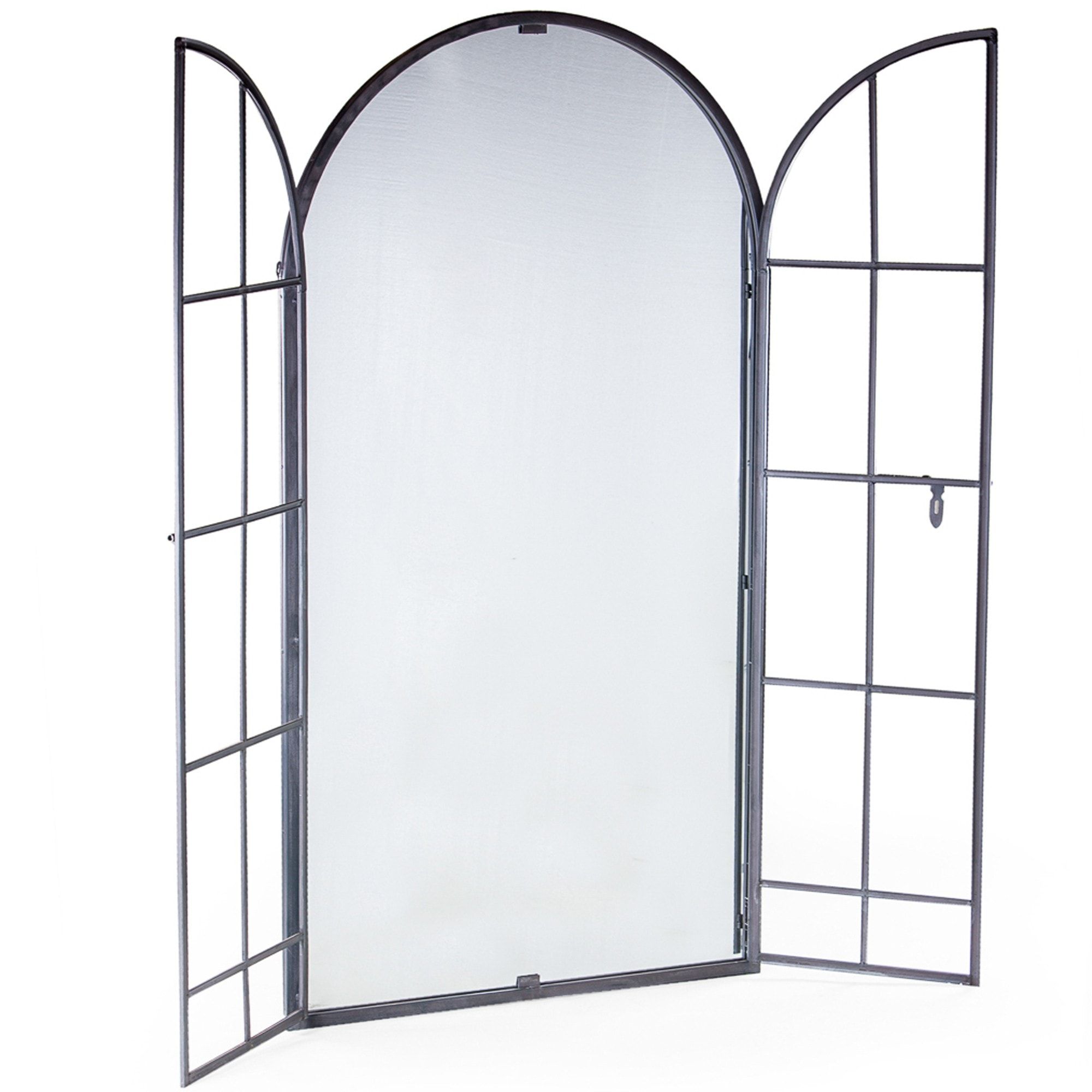 Antiqued Lead Grey Iron Large Arch Window Metal Mirror | Metal Mirror Within Metal Arch Window Wall Mirrors (View 5 of 15)