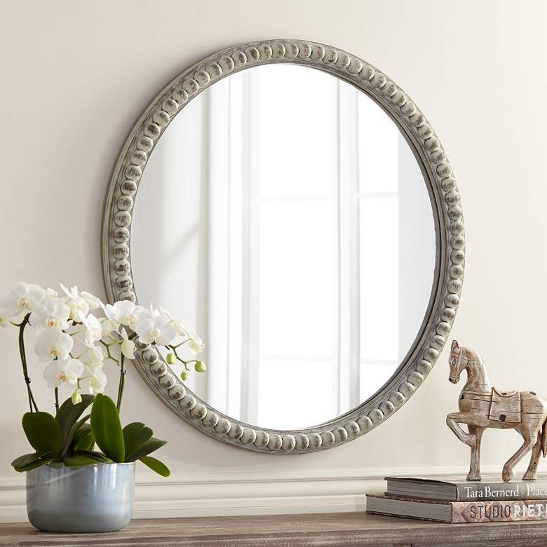 Ariel White Wash 30" Wood Round Wall Mirror – #60j30 | Lamps Plus Within Gray Washed Wood Wall Mirrors (Photo 1 of 15)
