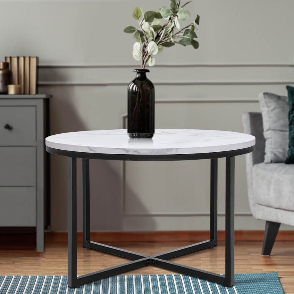 Artiss Coffee Table Marble Effect Side Tables Bedside Round Black Metal Pertaining To Marble And Black Metal Writing Tables (View 12 of 15)