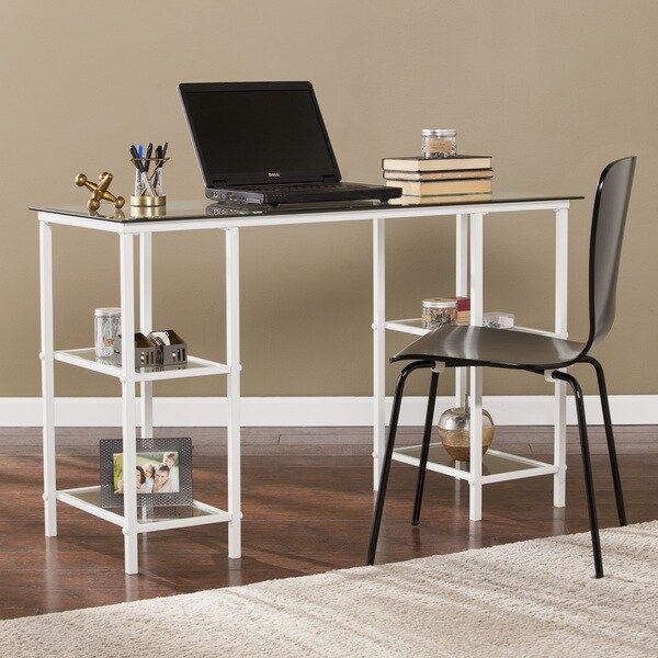 Ashburne Metal/glass Writing Desk – White – Overstock – 15297125 Regarding Metal And Glass Work Station Desks (View 6 of 15)
