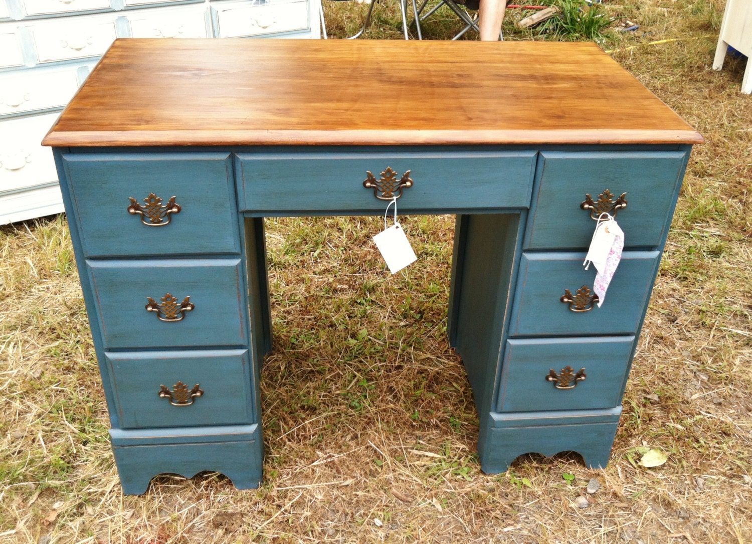Aubusson Blue Painted Desk With A Wood Stain Top For Blue And White Wood Campaign Desks (View 8 of 15)