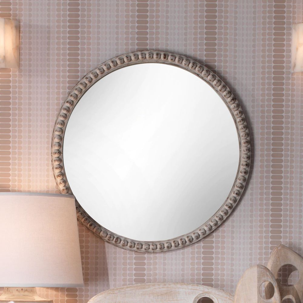 Audrey Beaded Mirror In White Wood | Beaded Mirror, Whitewash Wood With Regard To Stitch White Round Wall Mirrors (View 11 of 15)