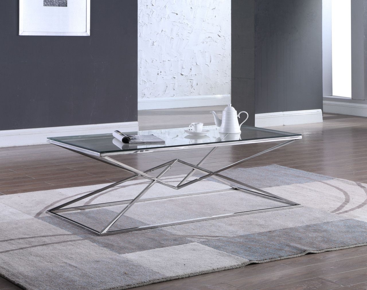 Ava Modern Glass Top Coffee Table With Chrome Stainless Steel Hourglass Intended For Stainless Steel And Glass Modern Desks (View 2 of 15)