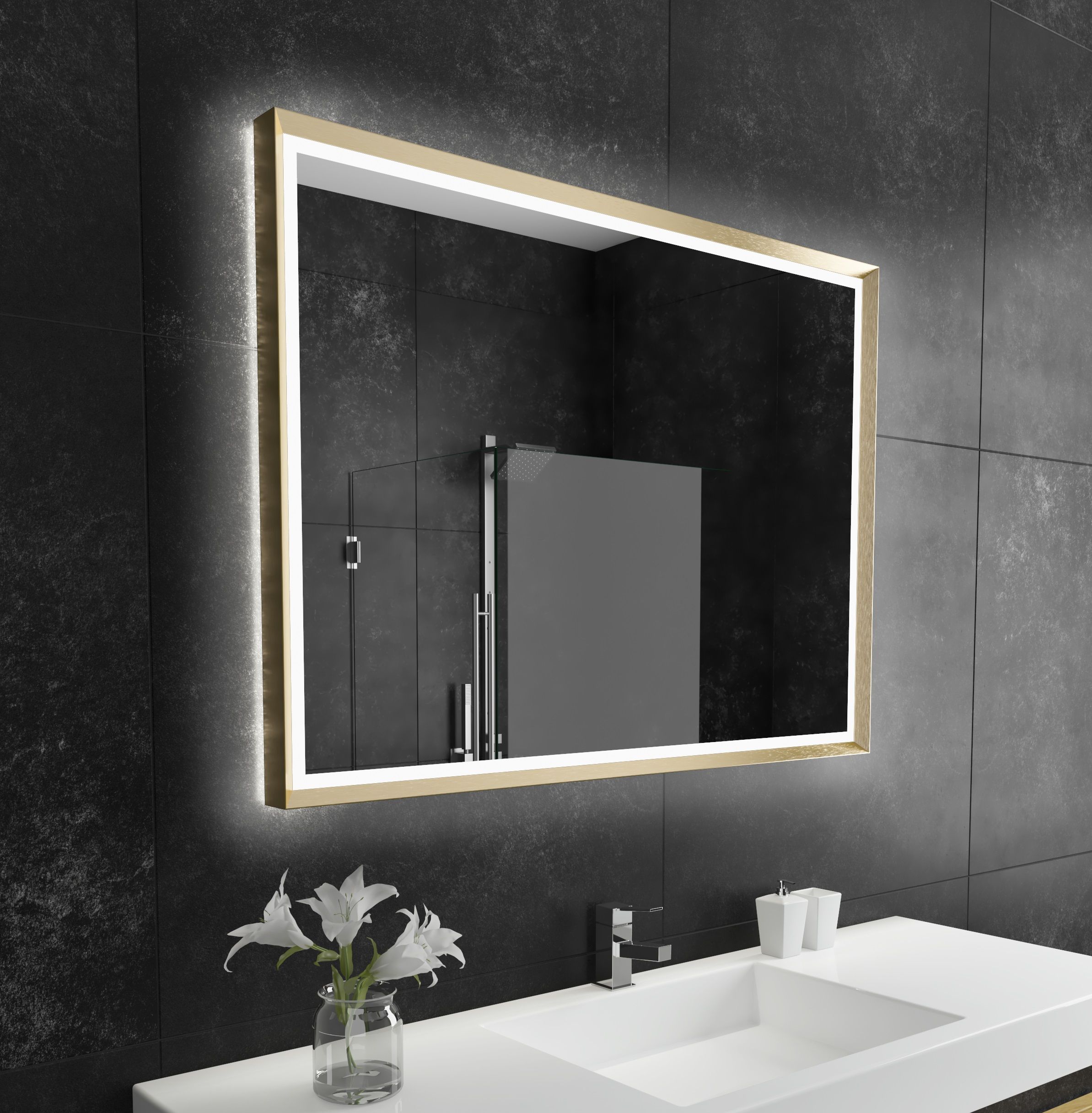 Backlit Mirror Opera 48 X 35 Gold Inside Edge Lit Square Led Wall Mirrors (Photo 1 of 15)