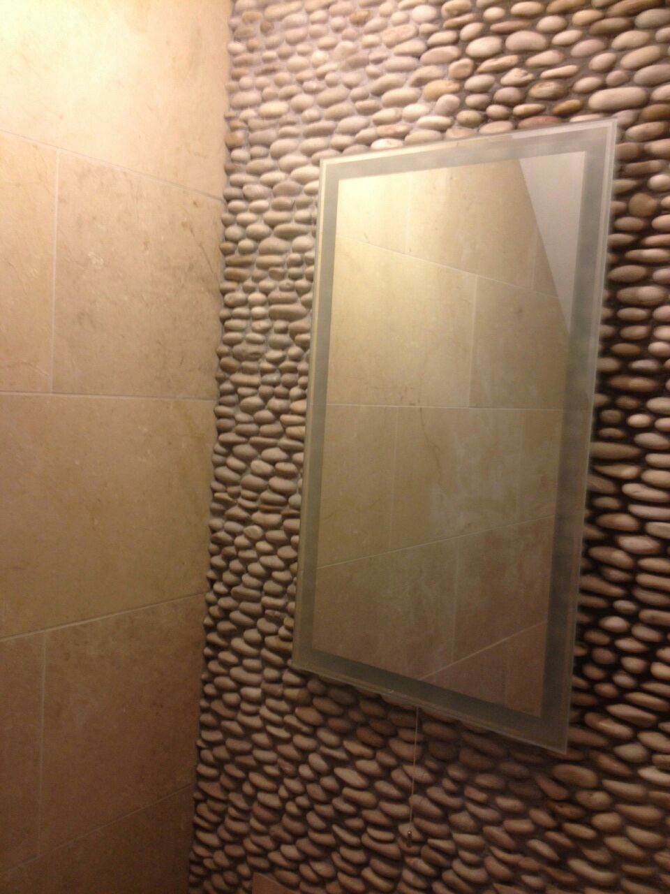 Bathroom Mirror & River Stones Accent Wall | Stone Accent Walls Inside Hussain Tile Accent Wall Mirrors (View 12 of 15)