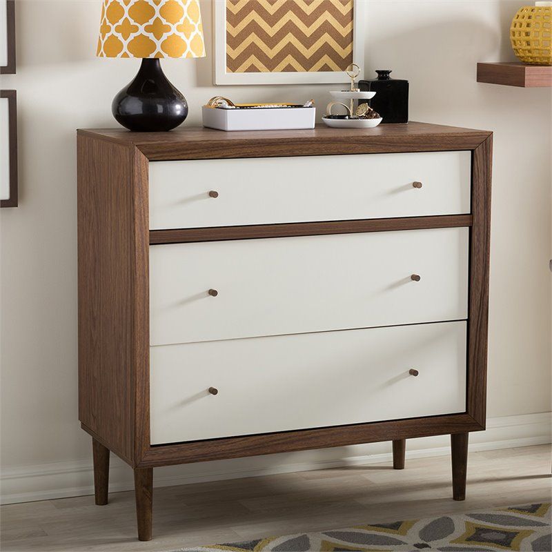 Baxton Studio Harlow 3 Drawer Chest In White And Walnut – Fp 6782 Throughout Off White 3 Drawer Desks (View 10 of 15)